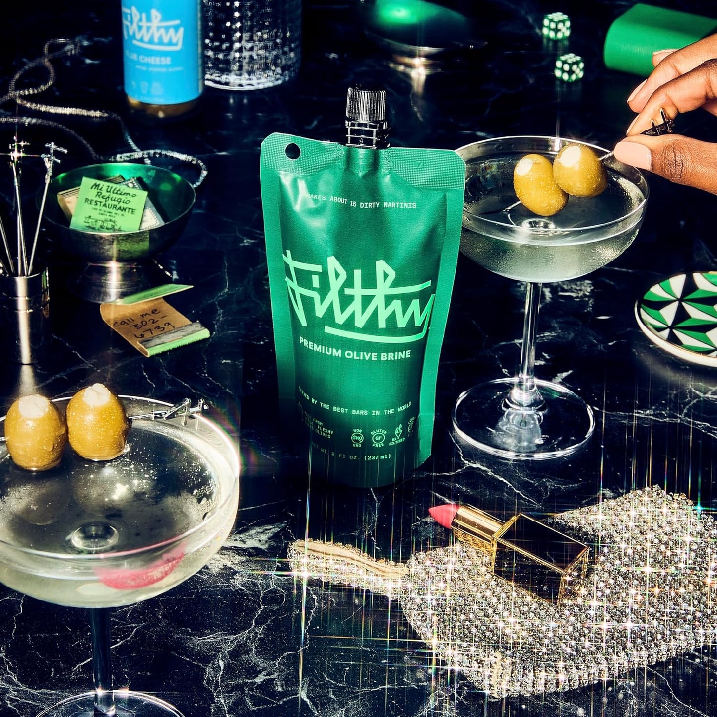 Filthy Martini Cocktail Kit, Premium Cocktail Kit, Includes Olive Brine, Pimento Stuffed Olives, Blue Cheese Stuffed Olives & 4 Stainless Steel Cocktail Picks, Non-GMO, Gluten Free
