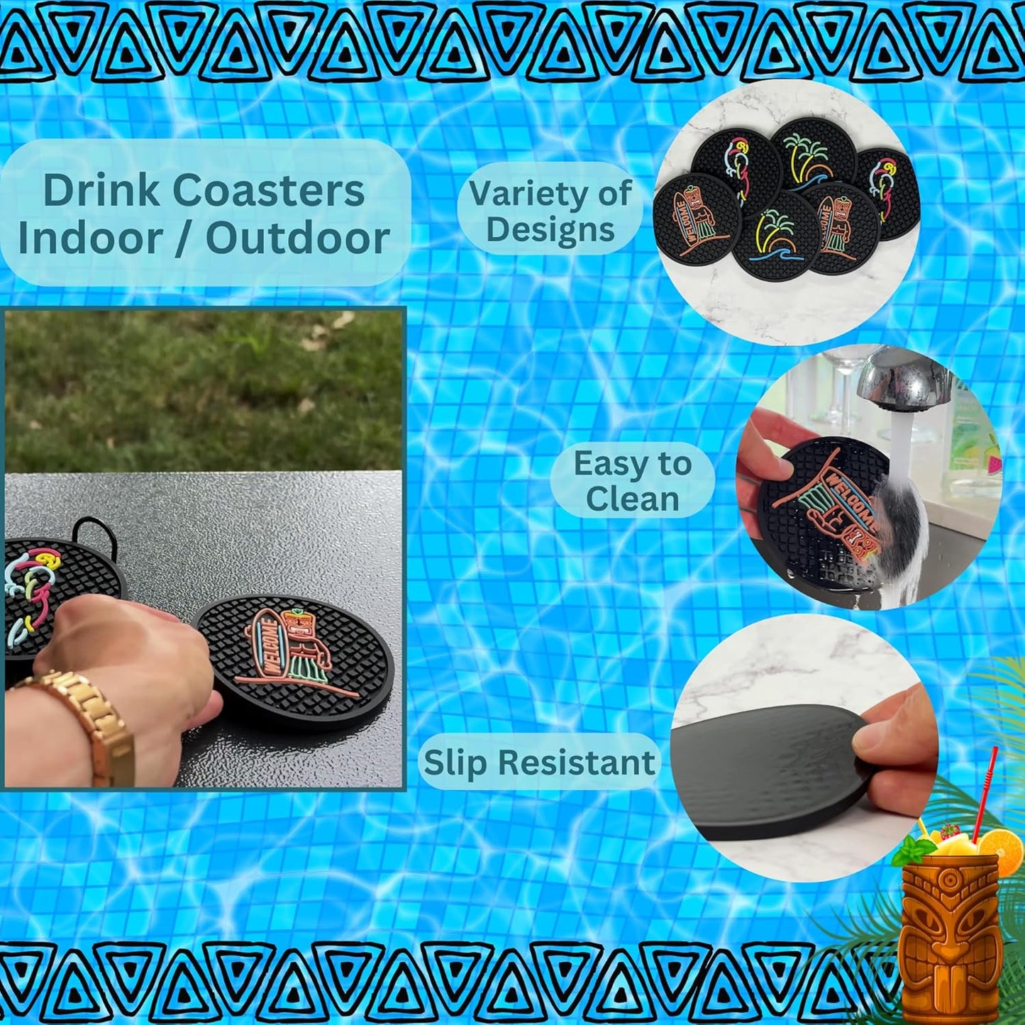 Tiki Bar Coasters Set of 6 with Holder, Tiki Bar Decor Silicone Coasters with Surfboard Warrior, Wave & Palm Tree and Parrot Designs, Hawaiian Decor Black Coasters, Outdoor Tiki Bar Rubber Decorations
