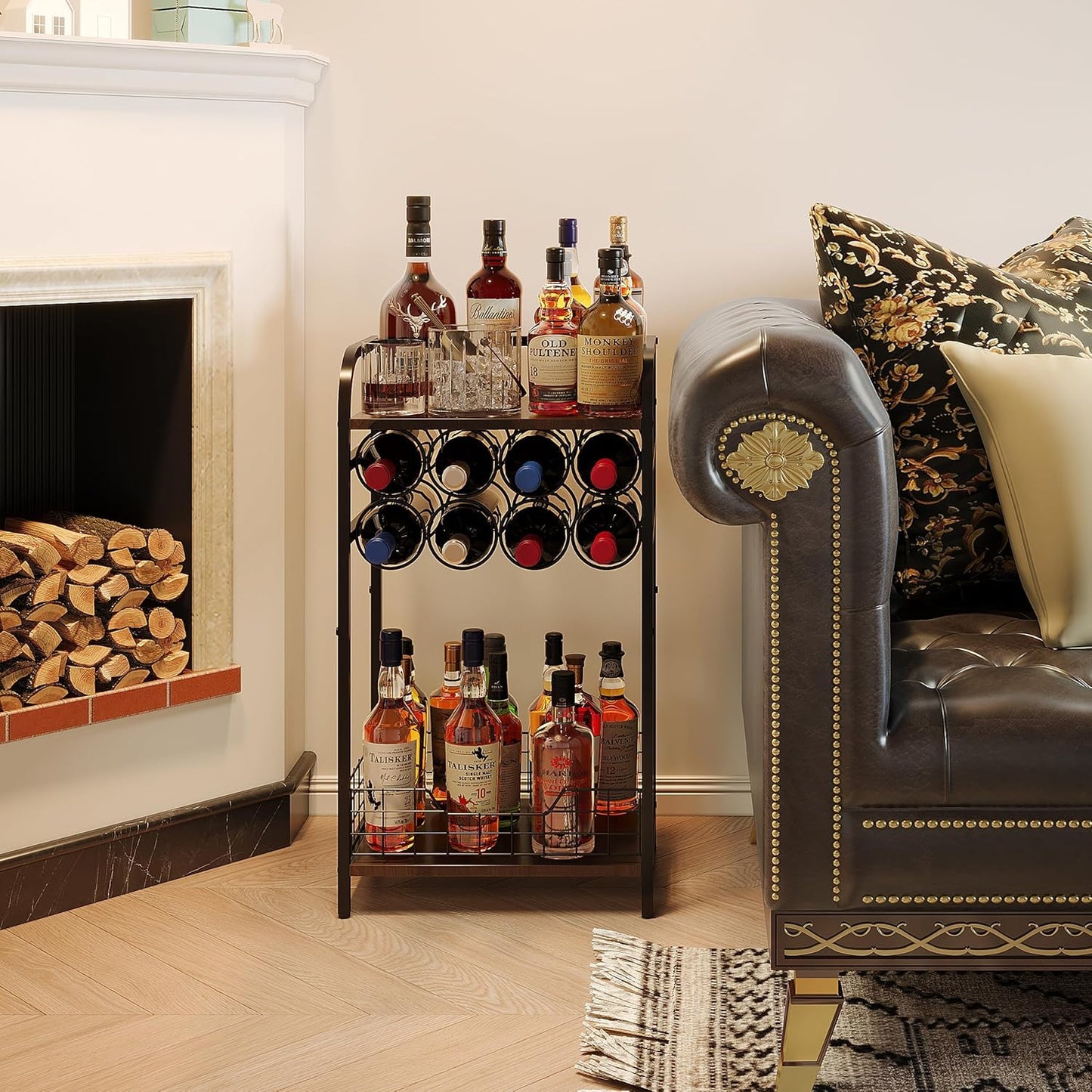3-Tier Wine Bar Table: Small Liquor Bottle Holder with 8-Bottle Wine Rack Mini Wine Bar Cabinet Corner Whiskey Display Shelf Floor Liquor Storage Bar for Home Living Room