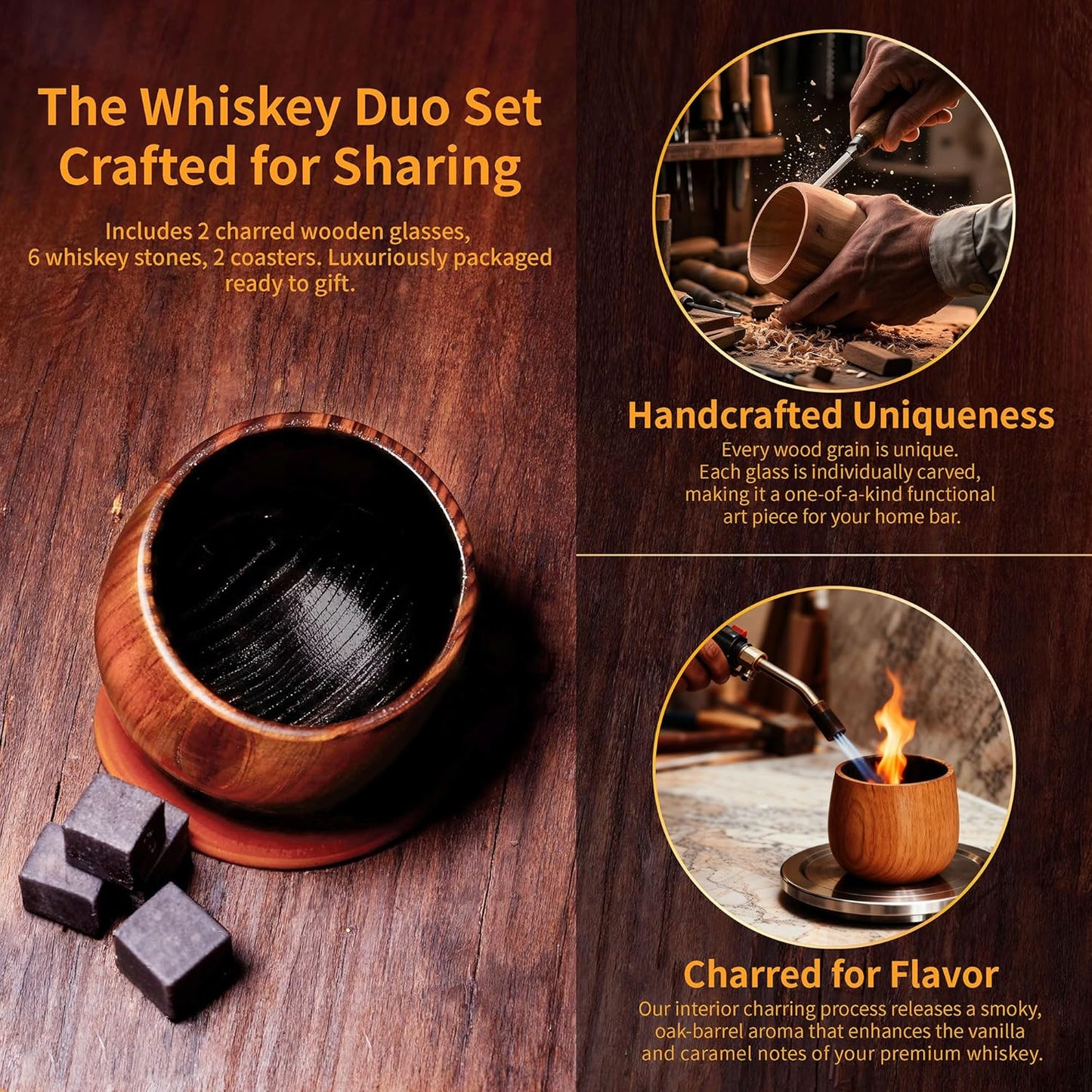 Charred Wooden Bourbon Glasses Set of 2 Whiskey Old Fashioned - Oak Tumblers with Stones & Coasters - Gifts for Men, Dad, Groomsmen, Brother & Whiskey Lovers