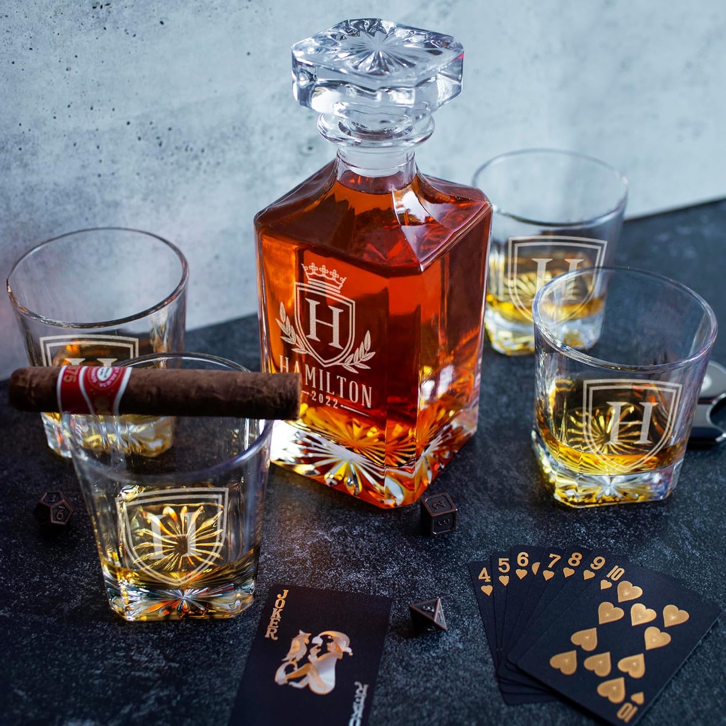 Personalized Whiskey Decanter Set - 5 Design Options - Custom Liquor 25 oz, 750ml Liquor Decanter w/Whiskey Glass Set Options, Birthday & Retirement Gifts for Men