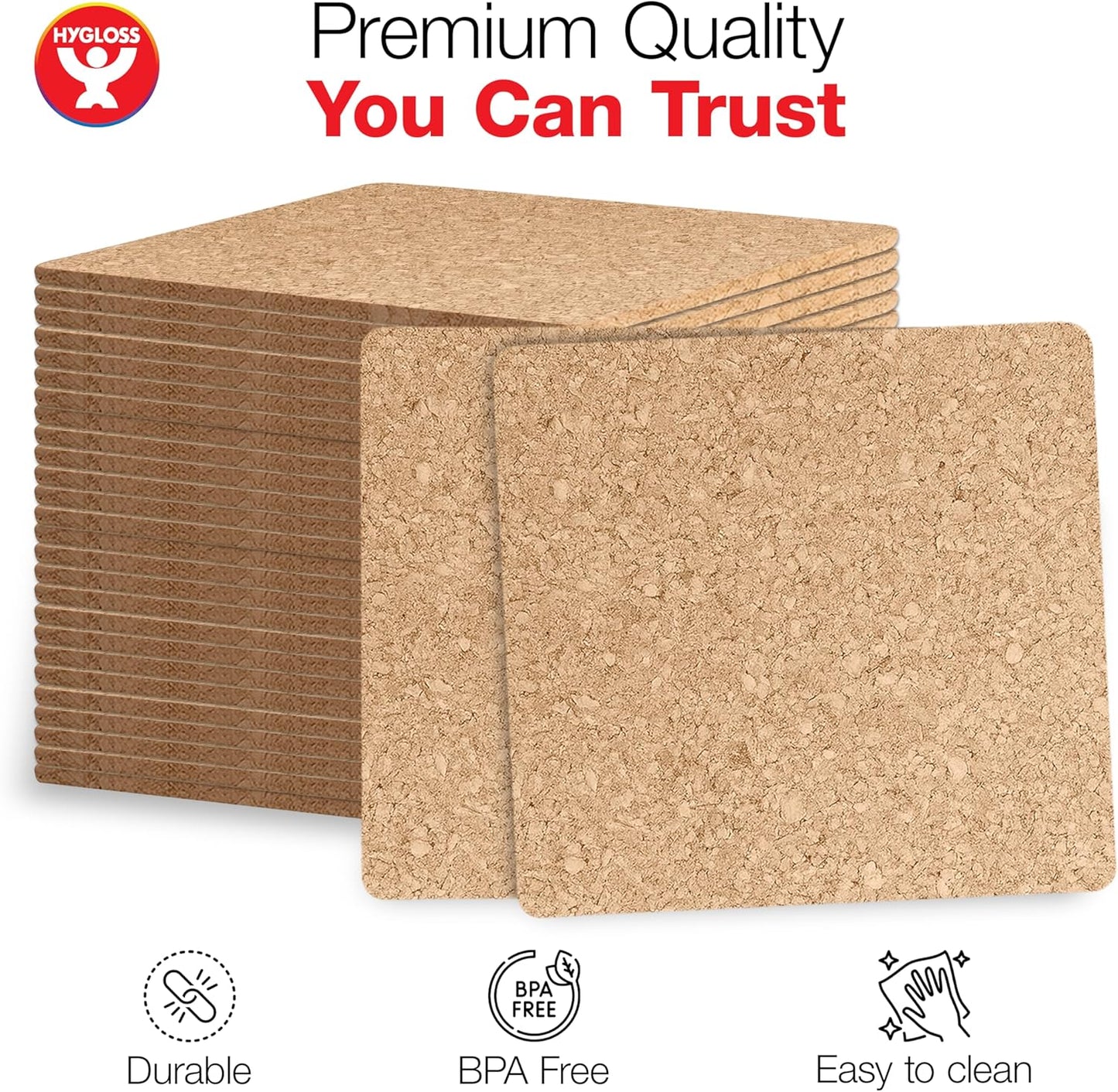 Hygloss Products Natural Cork Coasters - Eco Friendly Absorbent Square for Drinks, Trivets, and DIY Crafts, 3mm, 6 inch, Set of 6