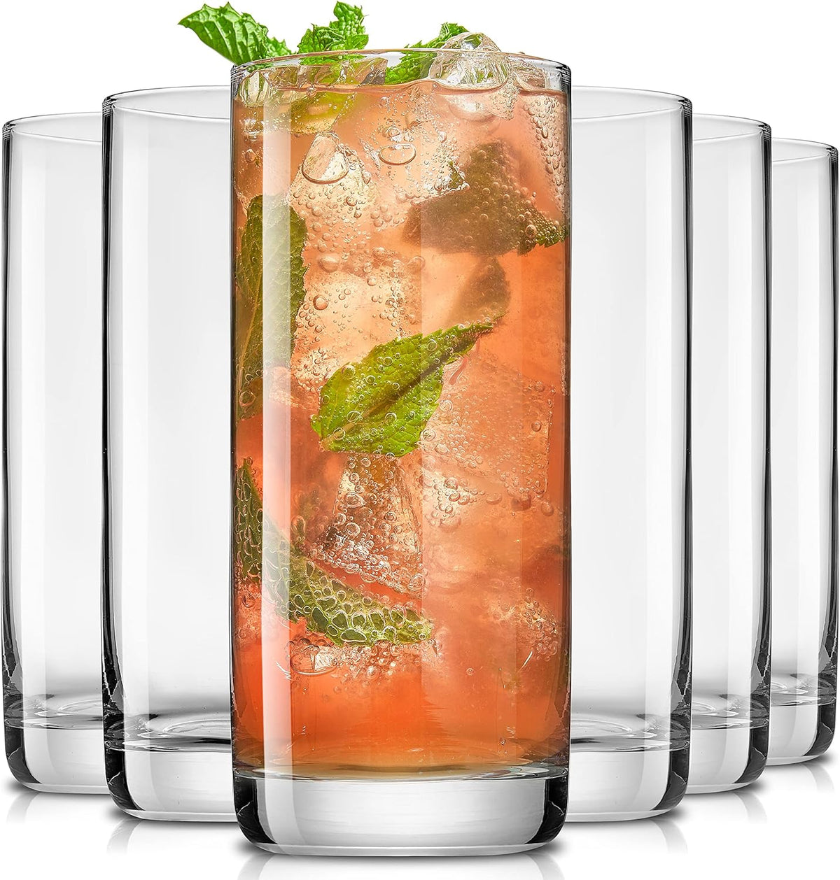 JoyJolt Faye 13oz Highball Glasses, 6pc Tall Glass Sets. Lead-Free Crystal Drinking Glasses. Water Glasses, Mojito Glass Cups, Tom Collins Bar Glassware, and Mixed Drink Cocktail Glass Set - Tall glasses