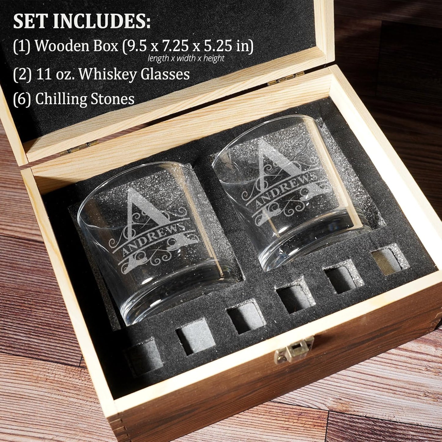 Personalized Vintage Birthday Whiskey Gifts for Men - 11 oz Engraved Bourbon Glass - Set of 2 Vintage Whiskey Cup in Wooden Box - 4 Designs Custom Scotch Glass Gift For Him (Name Monogram)