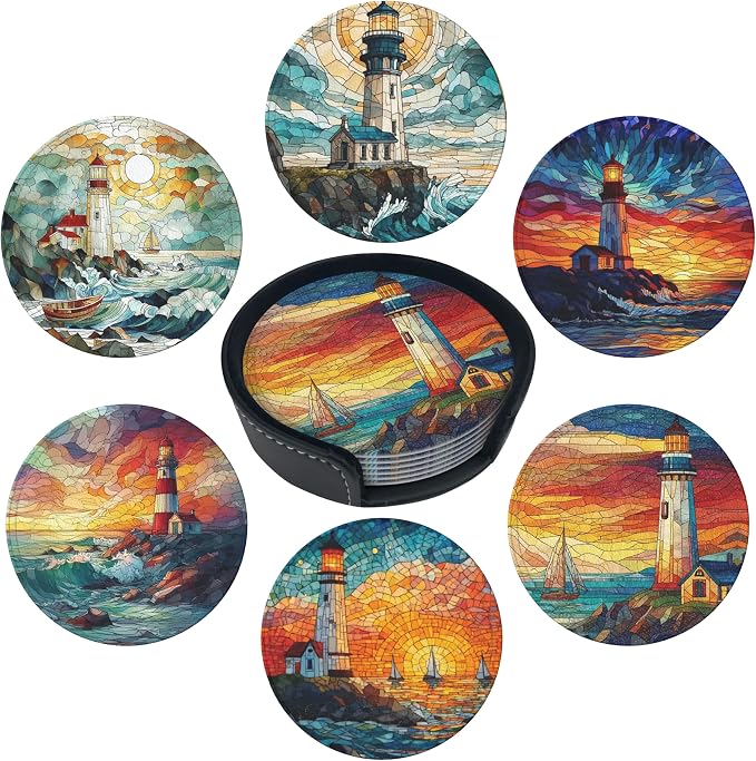 Musical Coasters Leather Round Drink Coasters 6 Pcs Set with Holderor for Cup Drink Coffee Table Bar Home Decor - Glass Lighthouse