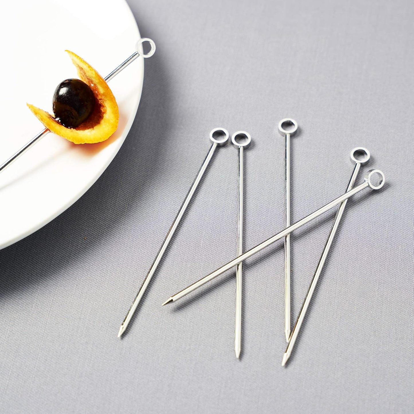 Viski Stainless Steel Cocktail Picks for Martini Olives and Cherries, Set of 6 Ring Top Metal Toothpicks for Drinks, Reusable Appetizer Skewers for Fruit and Cheese, Home Bar Accessories, 4.25”