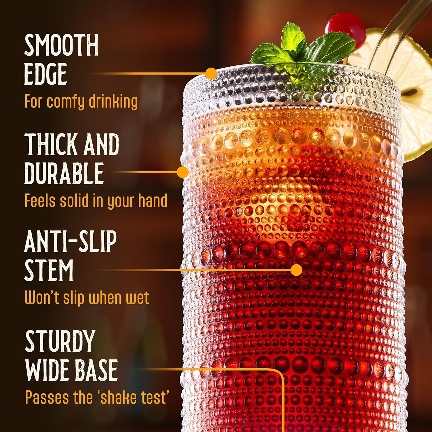 12 Oz Hobnail Drinking Glasses Set of 6 - Clear Multipurpose Glassware Sets, Decorative & Stylish Glasses Drinking Set W/Straws for Bar, Kitchen, Cocktail Glassware - Home, Dining, & Kitchen