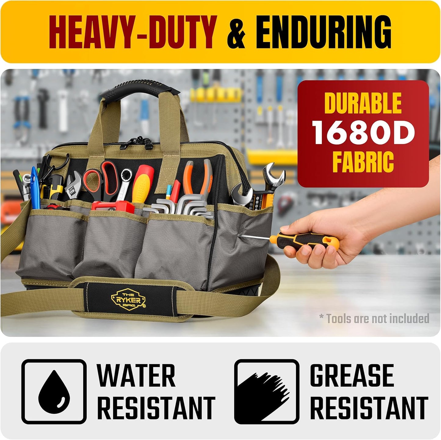The Ryker Bag 16-inch Large Heavy Duty Wide Mouth Tool-Bag Organizer with Maximum Storage, Portable Utility Bag for Tools, Gift for Dads, Contractors, Mechanics, Technicians, Handyman & Welders