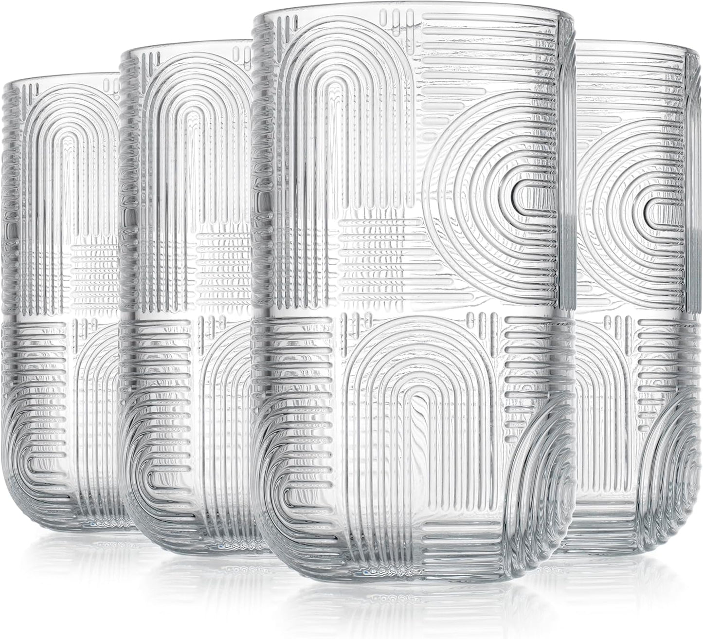 Glaver's Drinking Glasses, Highball Glasses, 17 Ounce Thick Embossed Designed, Set of 4 Clear Kitchen Glassware For Everyday Elegant Serving Coolers, Urban Pattern Modern Drinking Glasses