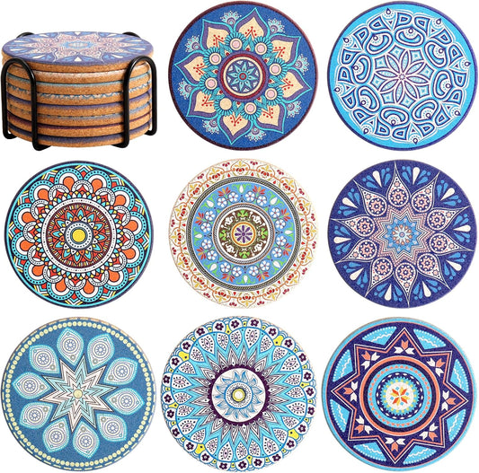 Cork Coasters Set of 8, Round Coasters for Drinks with Holder, Boho Colorful Coaster for Apartment Home Office Bar Coffee Table Decor, Birthday Gift for Mom (Mandala 10)