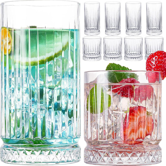 Crystal Drinking Glasses, Set of 8 Durable Glass Cups-4 Highball Glasses 15oz & 4 Rocks Glasses 12oz, Mojito Cups, Cocktail Glass, Bar Glassware Set for Cocktail, Beer, Whiskey