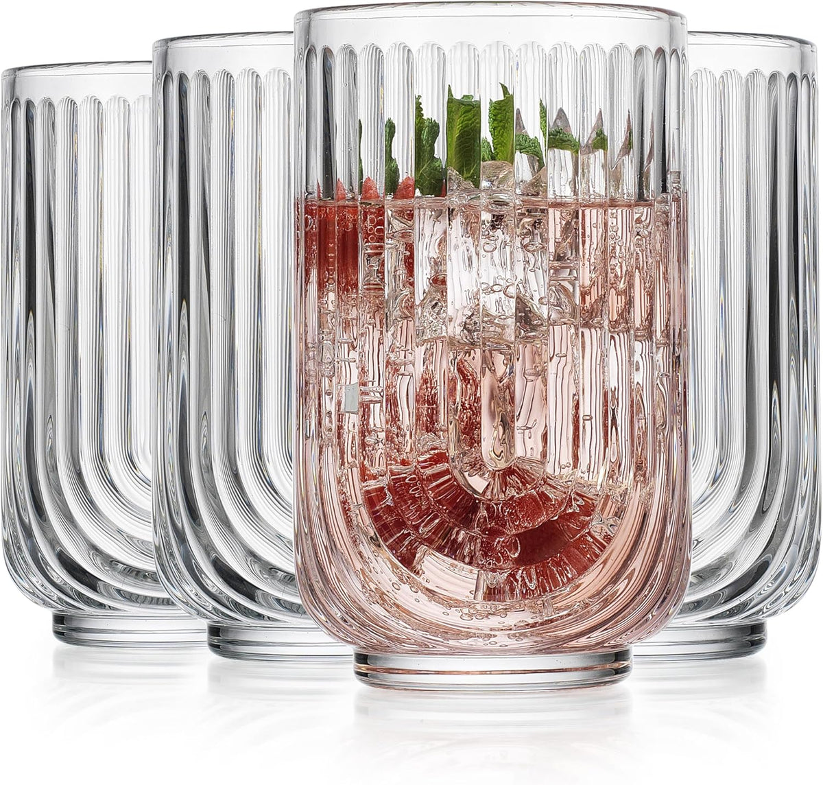 Glaver's Vintage Glassware Art Deco Glasse Ribbed Drinking Glasses U-Shape Arch Design Colored Cocktail Kitchen Tumblers Everyday Dinner Decorative Party (Clear S/4 11oz) - Clear S/4 17oz