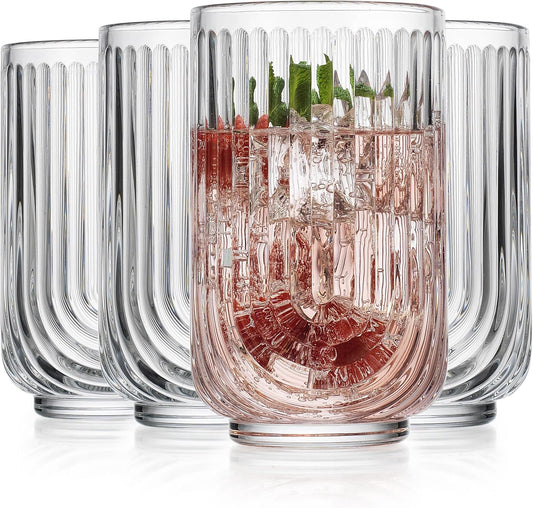 Glaver's Vintage Glassware Art Deco Glasse Ribbed Drinking Glasses U-Shape Arch Design Colored Cocktail Kitchen Tumblers Everyday Dinner Decorative Party (Clear S/4 11oz) - Clear S/4 17oz