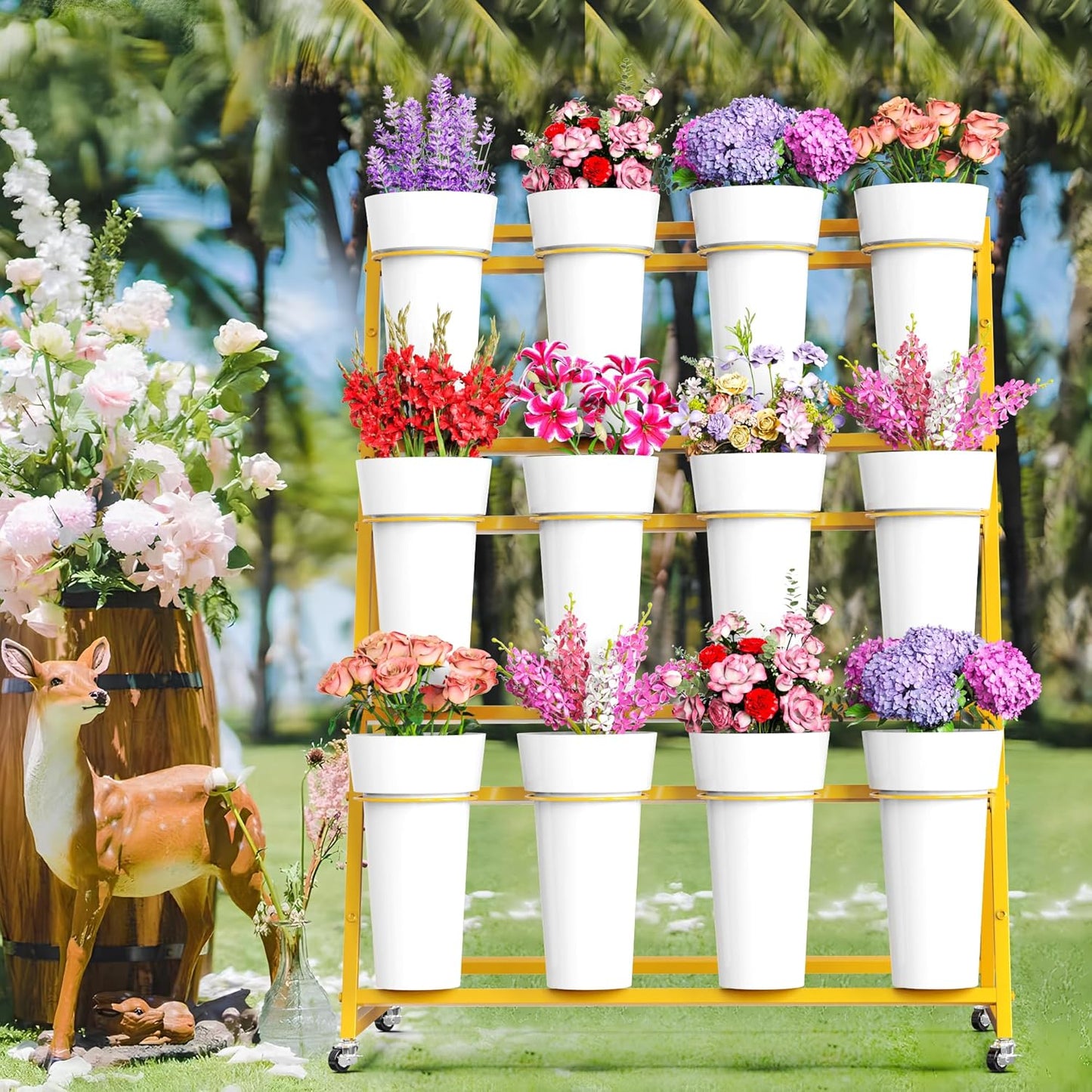 Asee'm Flower Display Stand with Buckets, 3 Layer Metal Flower Bar Stand, Heavy Duty Flowers Cart Display with Wheels Moving Plant Bouquet Shelf for Indoor Outdoor Patio Decor Terrace Wedding Gold
