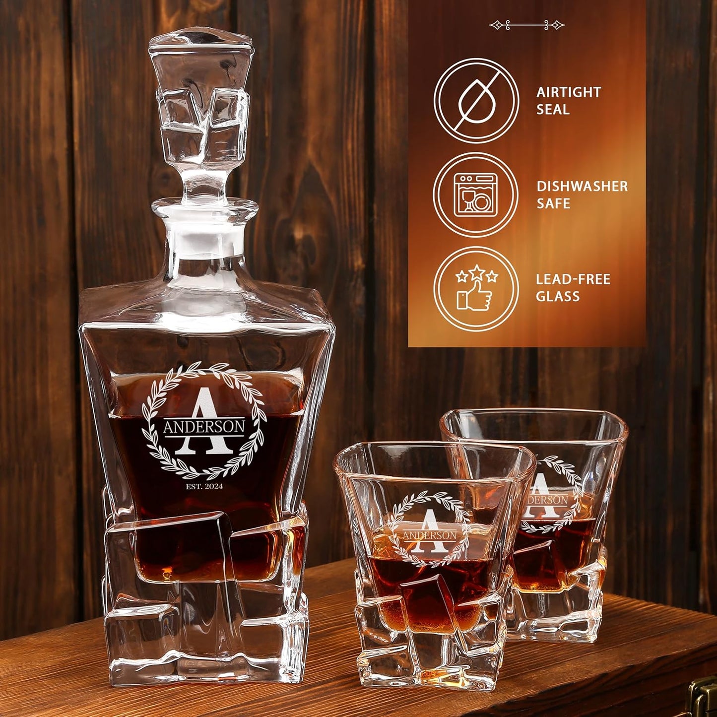 Personalized Whiskey Decanter Set with Optional Rocks Glasses – Custom 25 oz / 750ml Bourbon Decanter, 4 Engraving Options, Customized in USA, Valentine's Day, Birthday & Any Occasion Gift for Men