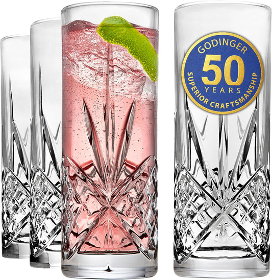 Godinger Tall Beverage Glasses Collins All Purpose Drinking Glasses- Dublin Collection, SET OF 4