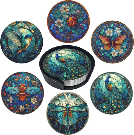 Insect Coasters Leather Round Drink Coasters 6 Pcs Set with Holderor for Cup Drink Coffee Table Bar Home Decor