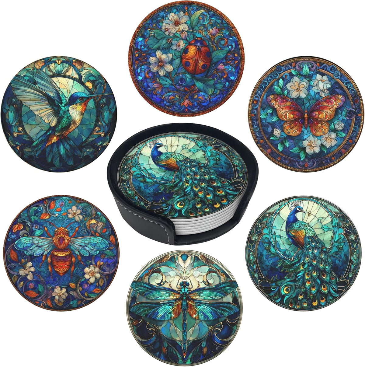 Musical Coasters Leather Round Drink Coasters 6 Pcs Set with Holderor for Cup Drink Coffee Table Bar Home Decor - Dragonfly