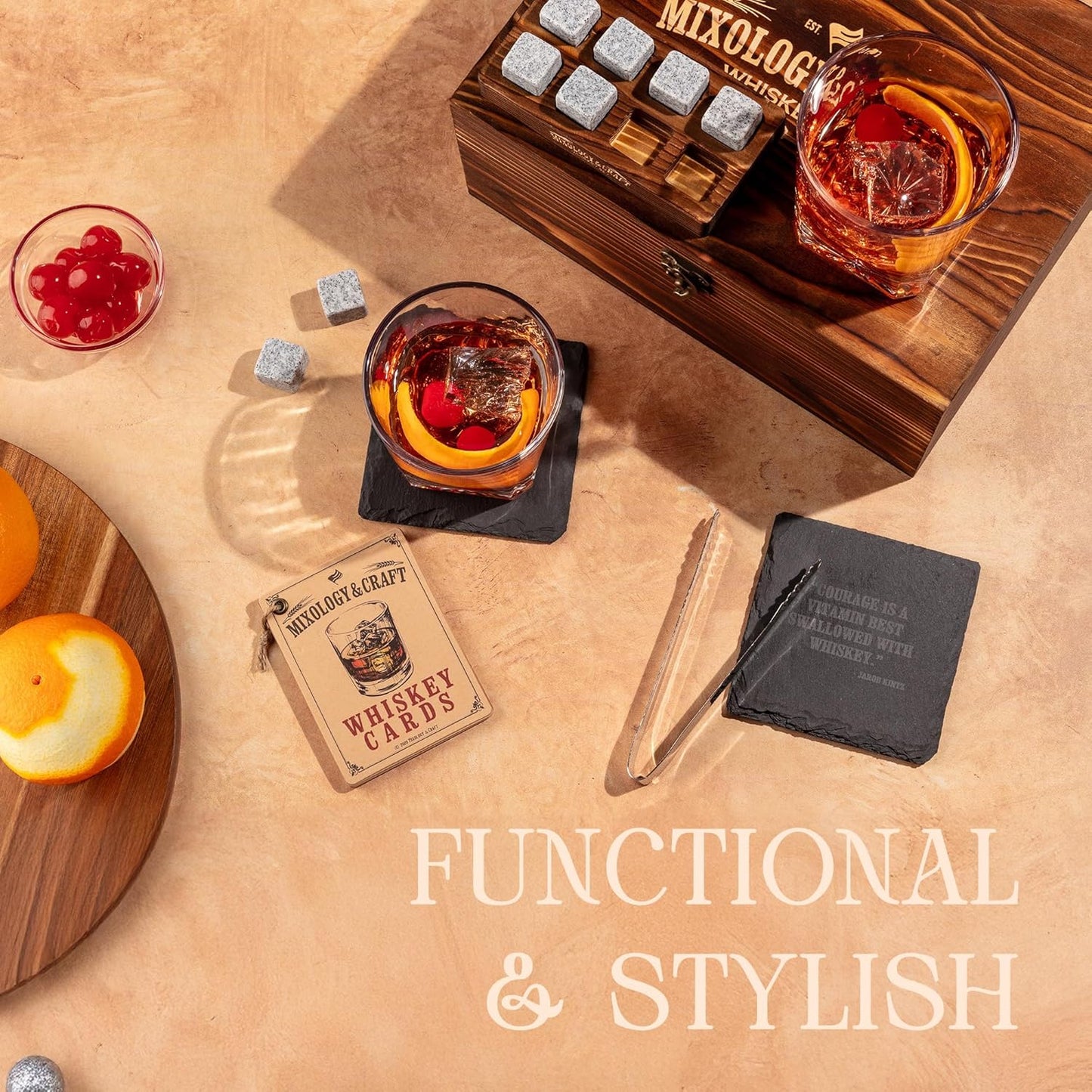 Mixology & Craft Whiskey Stones Gift Set – Includes Two 10oz Crystal Whiskey Glasses, 8 Granite Chilling Rocks, Slate Coasters, Metal Tongs, Cocktail Recipe Cards, Elegant Wooden Storage Box
