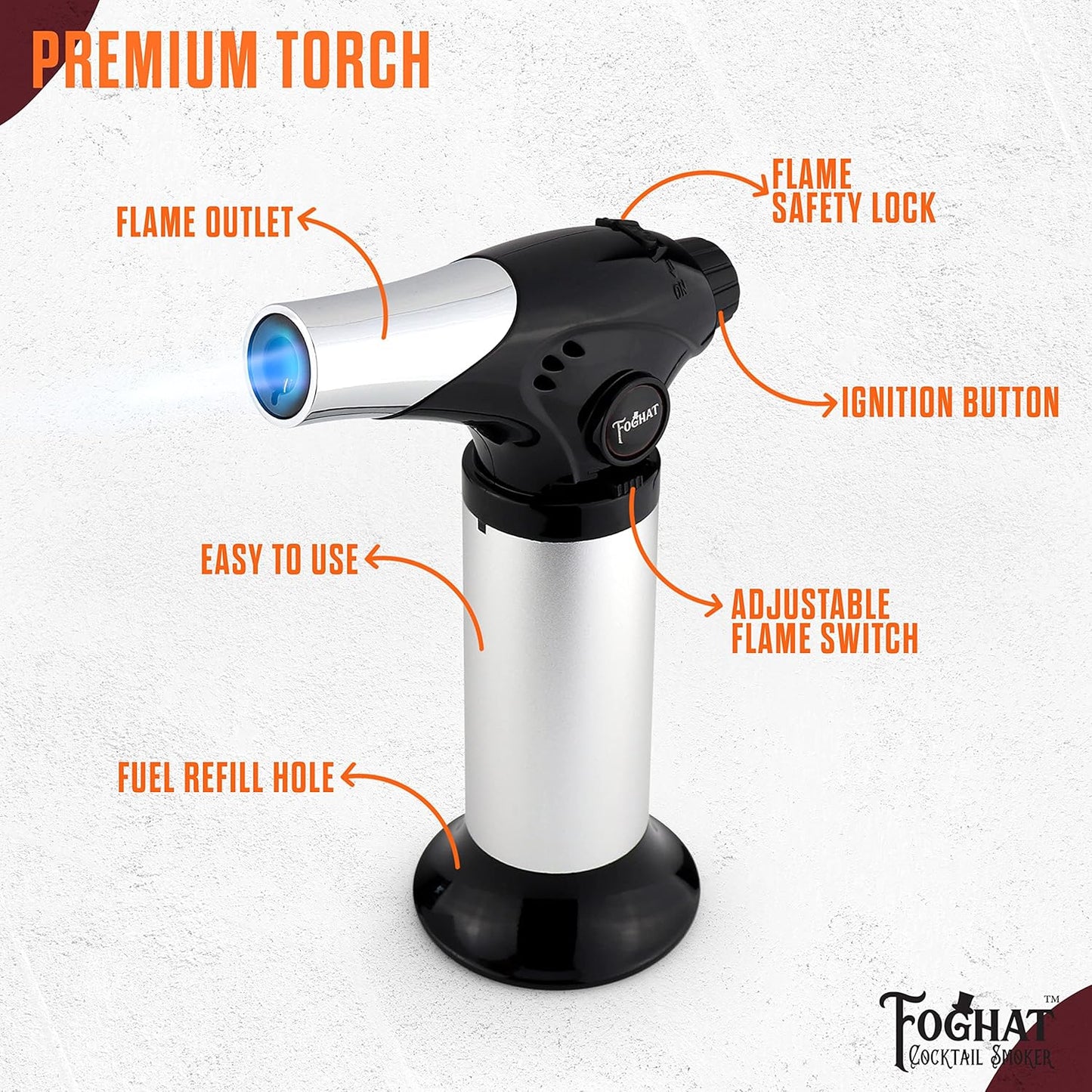 Foghat Cocktail Smoker Torch for Smoked Cocktails and Cooking - Handheld Refillable Culinary Butane Powered Kitchen Blow Torch Food Lighter Gun, Creme Brulee Torch (Butane not included)
