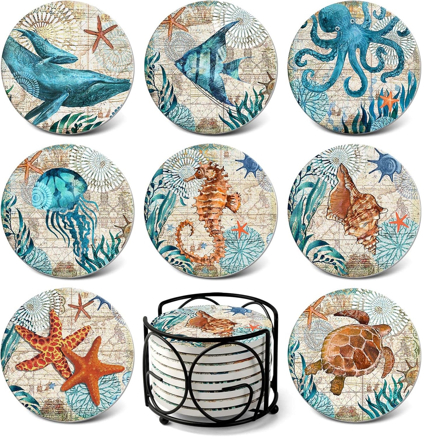 Teivio Absorbing Stone Sea Ocean Life Coasters for Drinks, Cork Base with Holder,Coastal Decor Beach Theme Tropical,for Housewarming Apartment Kitchen Bar Decor, For Wooden Table Coffee table,Set of 8