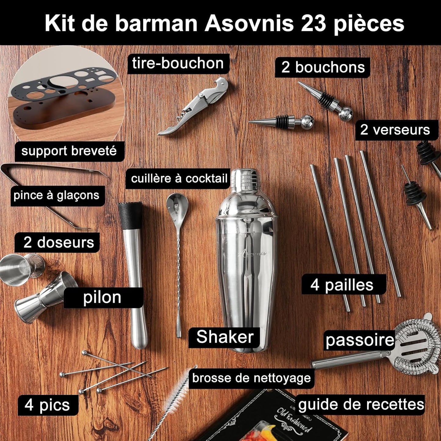 23-Piece Bartender Kit, Cocktail Shaker Set with Stand | Bar Set Drink Mixer Set with All Essential Bar Tools: Martini Shaker,Bar Mixer Spoon, Jigger, Strainer, Muddler, Pourers, for Home, Bar, Party
