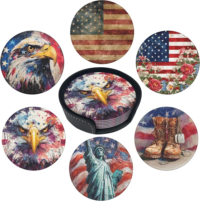 Musical Coasters Leather Round Drink Coasters 6 Pcs Set with Holderor for Cup Drink Coffee Table Bar Home Decor - America
