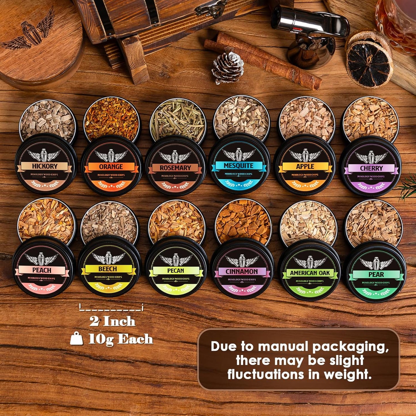 Natural Wood Chips for Cocktail Smoker, 12 Flavors Wood Chips Including Apple,Cherry,Oak,Mesquite,Pecan,Pear,Peach,Hickory,Beech,Organge, Rosemary,Cinnamon, Gifts for Men,Dad,Husband