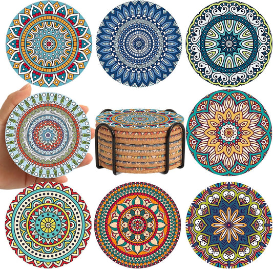 Cork Coasters Set of 8,Round Boho Coasters for Drinks,Cute Colorful Coaster with Holder,Apartment Farmhouse Office Bar Decor, Birthday Gifts for Mom Grandma(Mandala 5)