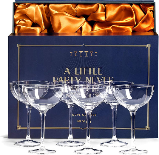 Vintage Crystal Champagne Coupe Glasses | Set of 6 | 4-5 oz Classic Cocktail Glassware - Martini, Manhattan, Cosmopolitan, Sidecar, Daiquiri | 1920s Speakeasy Retro Style Saucers | Storage Box