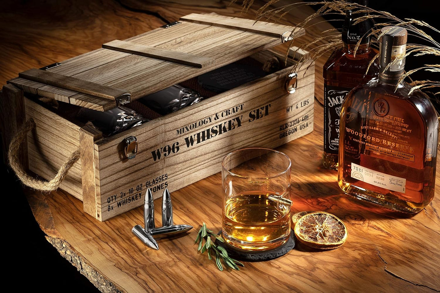 Mixology & Craft Whiskey Stones Set with Glasses & Steel Bullets, Gift for Men