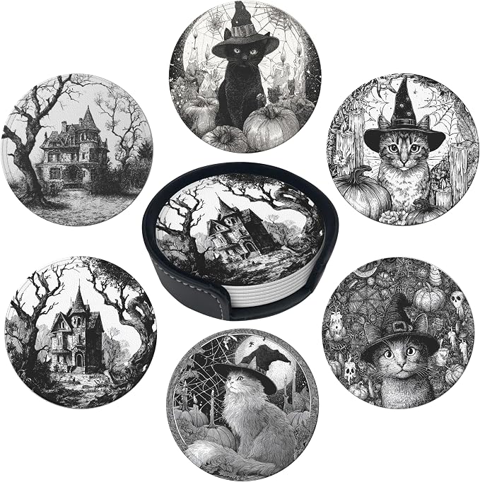 Musical Coasters Leather Round Drink Coasters 6 Pcs Set with Holderor for Cup Drink Coffee Table Bar Home Decor - Halloween Cat