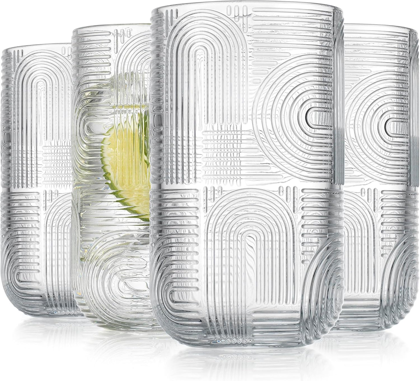 Glaver's Drinking Glasses, Highball Glasses, 17 Ounce Thick Embossed Designed, Set of 4 Clear Kitchen Glassware For Everyday Elegant Serving Coolers, Urban Pattern Modern Drinking Glasses