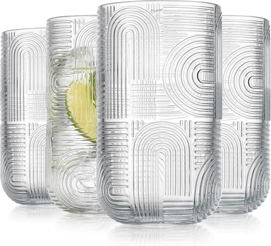 Glaver's Drinking Glasses, Highball Glasses, 17 Ounce Thick Embossed Designed, Set of 4 Clear Kitchen Glassware For Everyday Elegant Serving Coolers, Urban Pattern Modern Drinking Glasses
