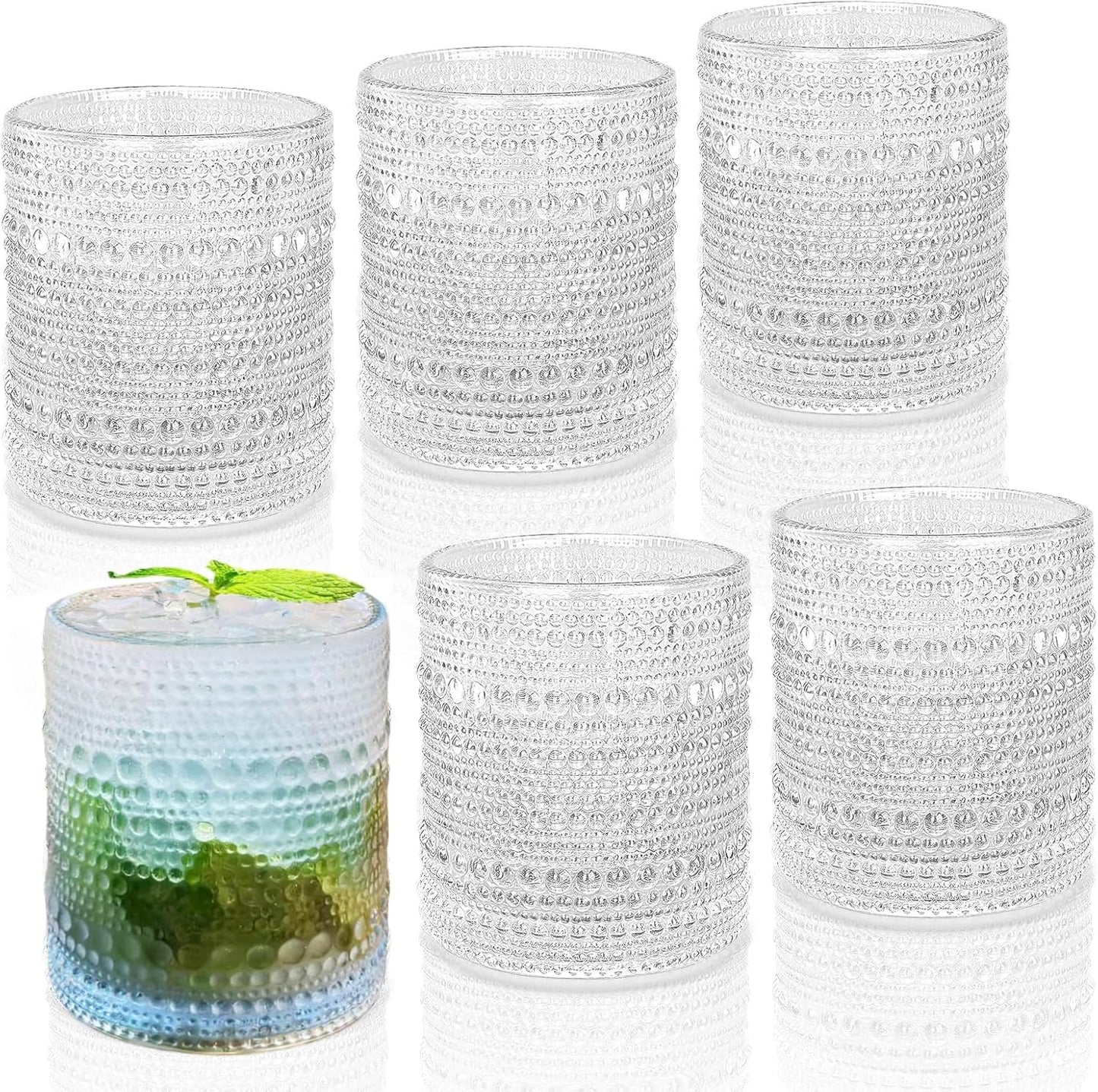 Hobnail Drinking Glasses Set of 6, 10 oz, Cocktail Glasses Vintage Glasses Drinking Set Glass Cups Mixed Drinkware Set Vintage Glassware Set for Juice, Cocktail, Whisky, Soda, Beverages. Clear