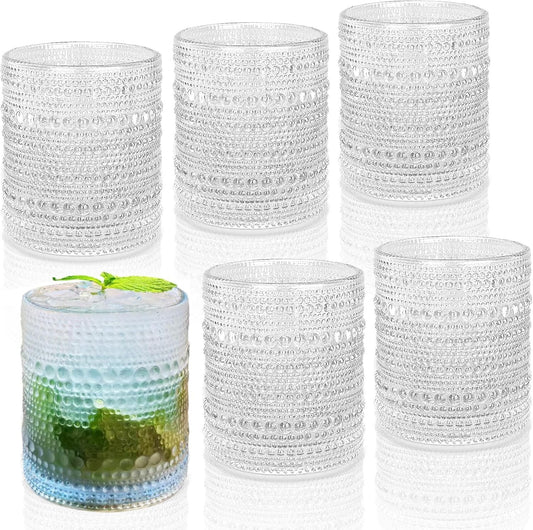 Hobnail Drinking Glasses Set of 6, 10 oz, Cocktail Glasses Vintage Glasses Drinking Set Glass Cups Mixed Drinkware Set Vintage Glassware Set for Juice, Cocktail, Whisky, Soda, Beverages. Clear