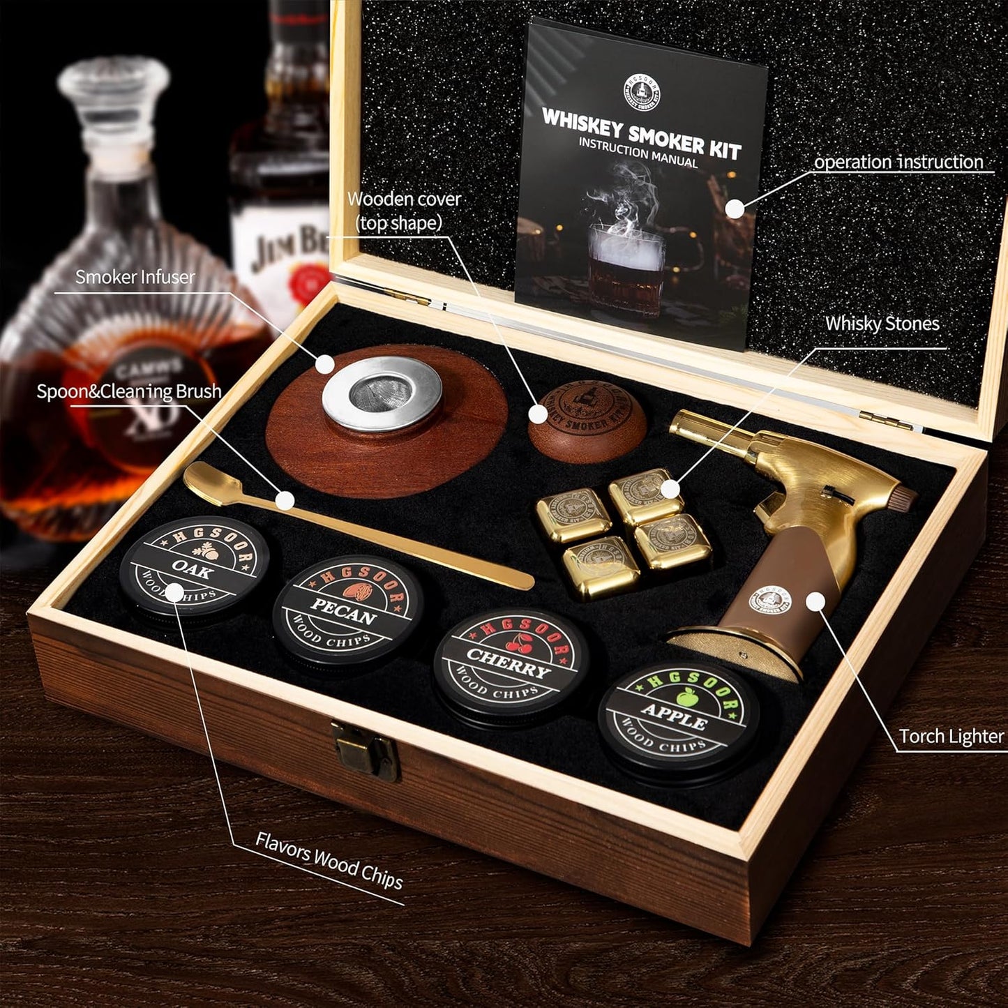 Whiskey Smoker Kit - Old Fashioned Drink Smoker Kit - Cocktail Smoker Kit with Torch, 4 Flavors Wood Chips&Whisky Stones, Bourbon Smoker Kit, Bourbon Whiskey Gifts for Men,Dad (No Butane)