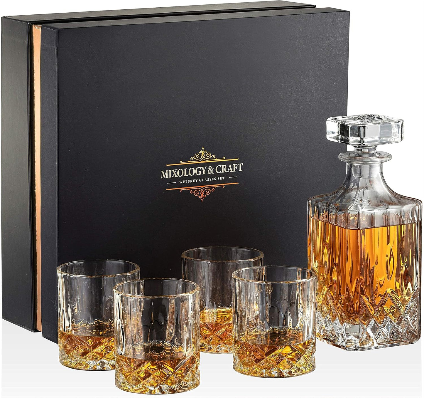 Mixology & Craft Luxury Whiskey Decanter Gift Set - 25oz Crystal Decanter, 4 Old-Fashioned Glasses, 4 Slate Coasters with Diamond Pattern Premium Black Gift Box