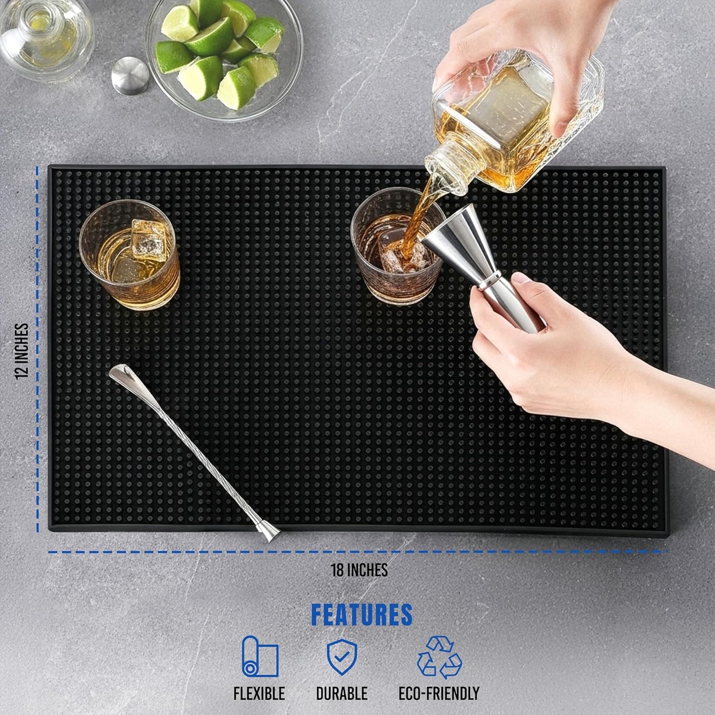 Commercial Standard Bar Mats 4 Pack, 18 x 12 Inch Rubber Non Slip Service Mats for Cocktail Mixing, Coffee Bar Drying, Dish & Countertop Protection for Bars & Cafes (Black)