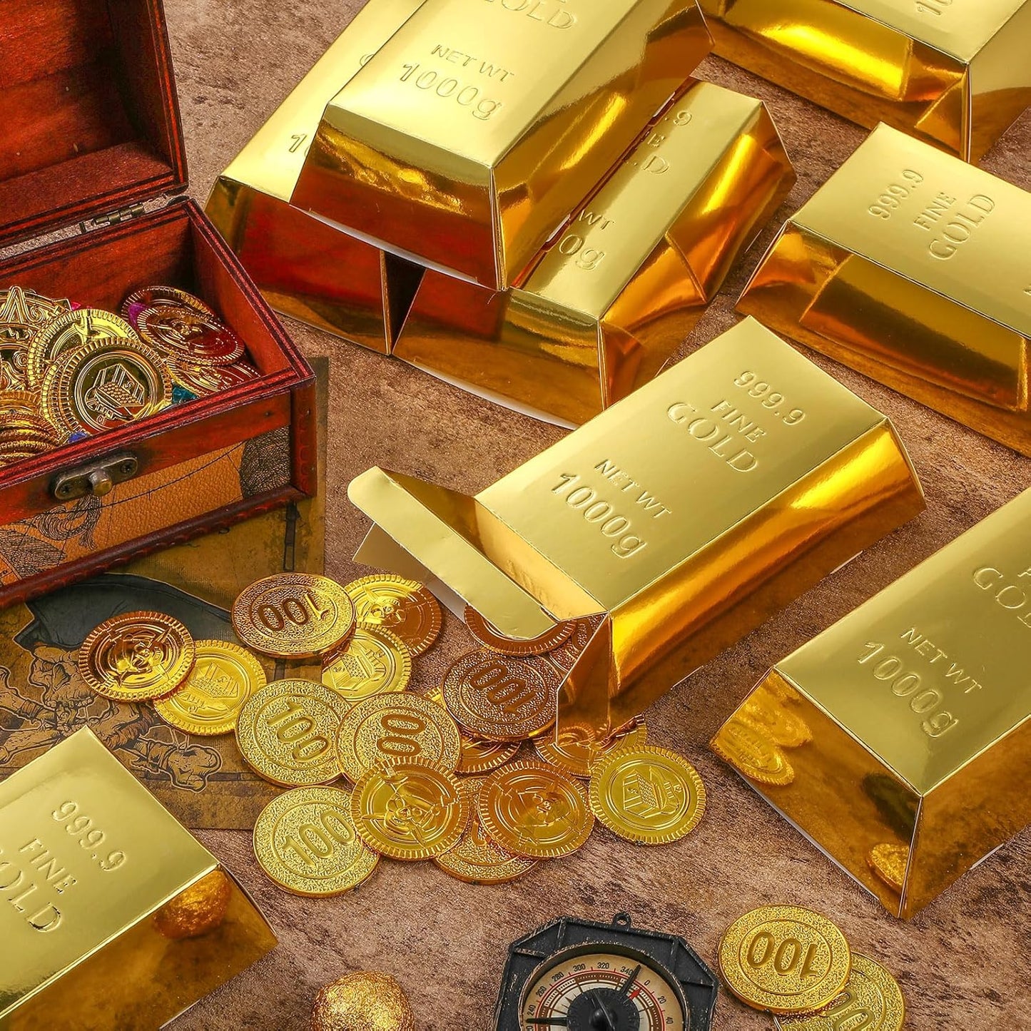 Honoson 36 Pcs Gold Bar Fake Gift Box Foil Gold Bar Party Favor Boxes Paper Golden Favor Boxes Treasure Brick for Pirate Casino Theme Party Decorations Candy Treats Chocolate Toys, 5.5 x 3.2 Inches