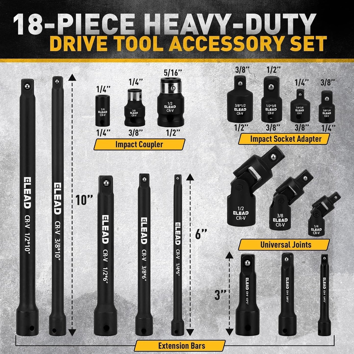 18-Pieces Impact Socket Extension Set: 1/4", 3/8" & 1/2" Drive Socket Extension Bar, Socket Adapter Set, Swivel Universal Joints & Impact Coupler