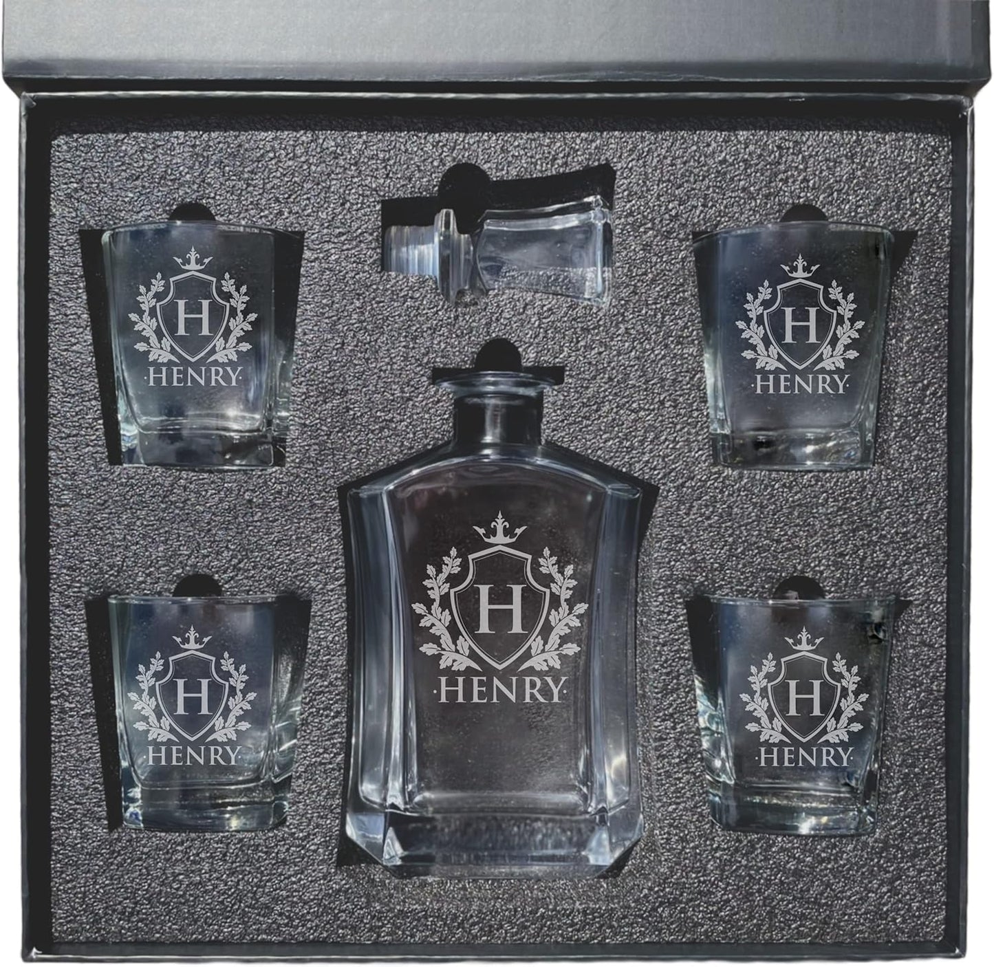 My Personal Memories, Personalized 5 pc Whiskey Decanter Set - Decanter and 4 Glasses Gift Set - Custom Engraved with Name and Initial (Shield Design)
