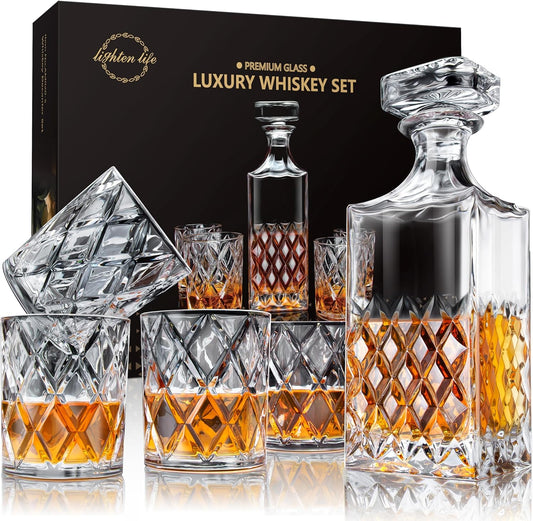LIGHTEN LIFE Whiskey Decanter Set, Italian Crystal Decanter with 4 Whiskey Glasses in Gift Box - Bourbon Decanter for Scotch, Liquor - Birthday, Anniversary Bourbon Gifts for Men, Dad, Husband - Set of five
