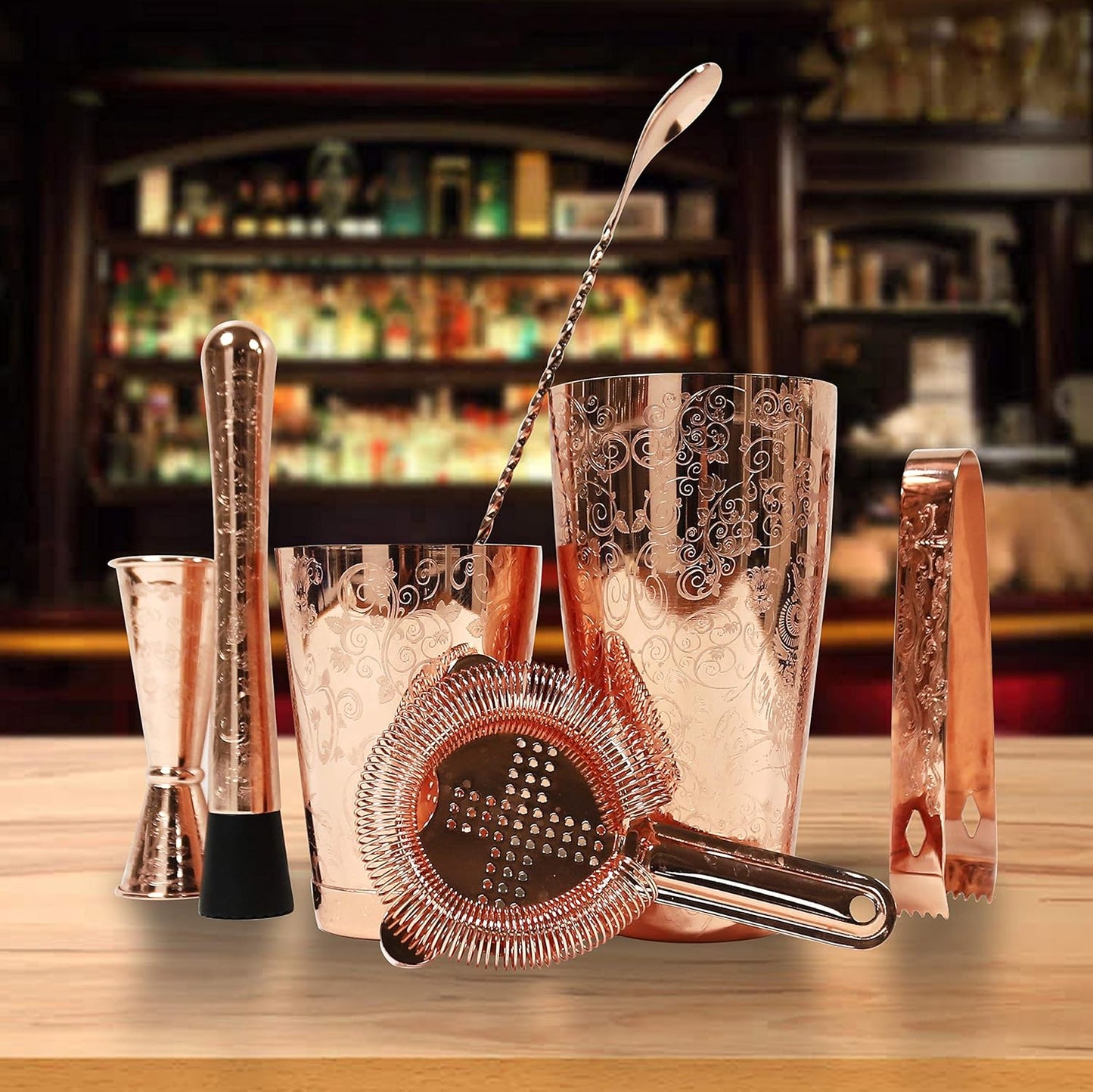 Sky Fish Bartender Kit Cocktail Shaker Set-6 Pieces Stainless Steel Copper Plated Etching Bar Tools with Boston Shaker Tins,Mixing Spoon,Mojito Muddler,Jigger,Hawthorne Strainer,Ice Tongs