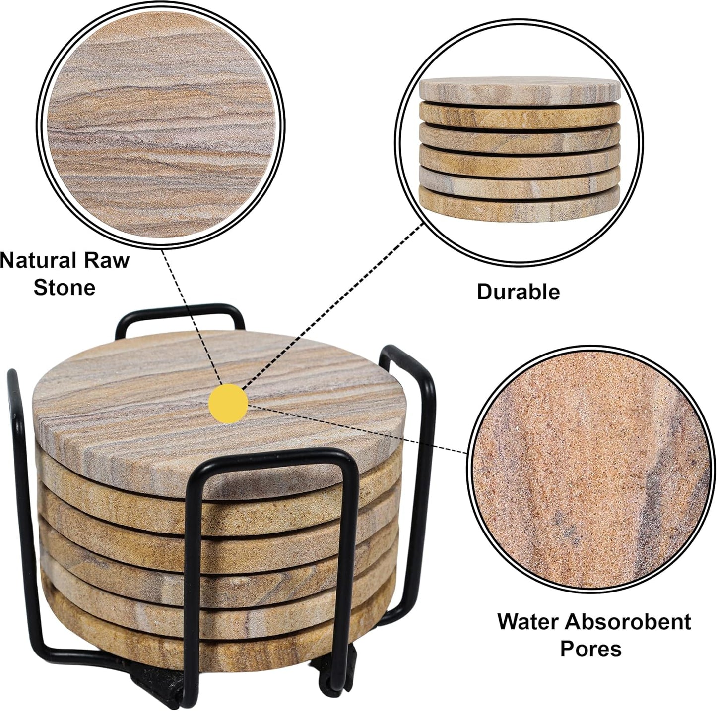 Sandstone Water Absorbent Hand Crafted Round Coasters for Drinks - 4 Inches Wide Thirsty Stone Bar/Drink Coasters- Made from Rainbow Sandstone (Set of 6 with Holder)