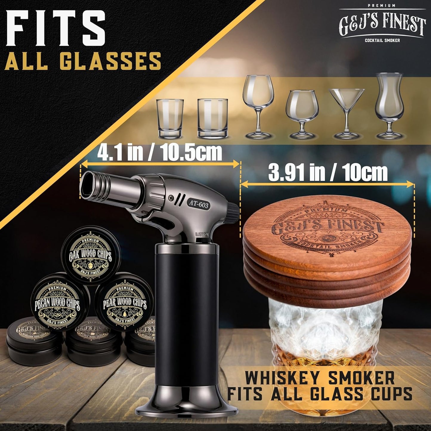 Whiskey Smoker Kit with Torch, 2 Glasses & 2 Ice Molds - 6 Wood Chips| Cocktail Smoker Kit for Smoked Drinks| Bourbon Smoker Kit| Old Fashioned Smoker Kit| Whiskey Gift for Men (No Butane Incl.)