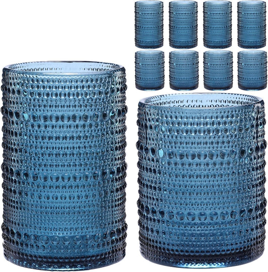 ZMOWIPDL Vintage Hobnail Drinking Glasses Set of 8,Blue 12 oz & 15oz Highball Glass Cups,Kitchen Drinkware Glassware,Embossed Water Tumbler,for Beer,Cocktail,Whiskey,Juice and Various Mixed Drinks