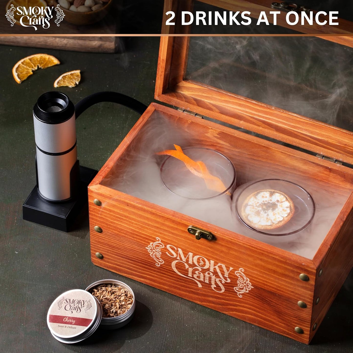 Smoky Crafts Whiskey Smoker Kit with Updated Smoke Gun, Cocktail Smoke Box, Food Tray and Wood Chips (Apple & Cherry) - Old Fashioned Smoker Kit