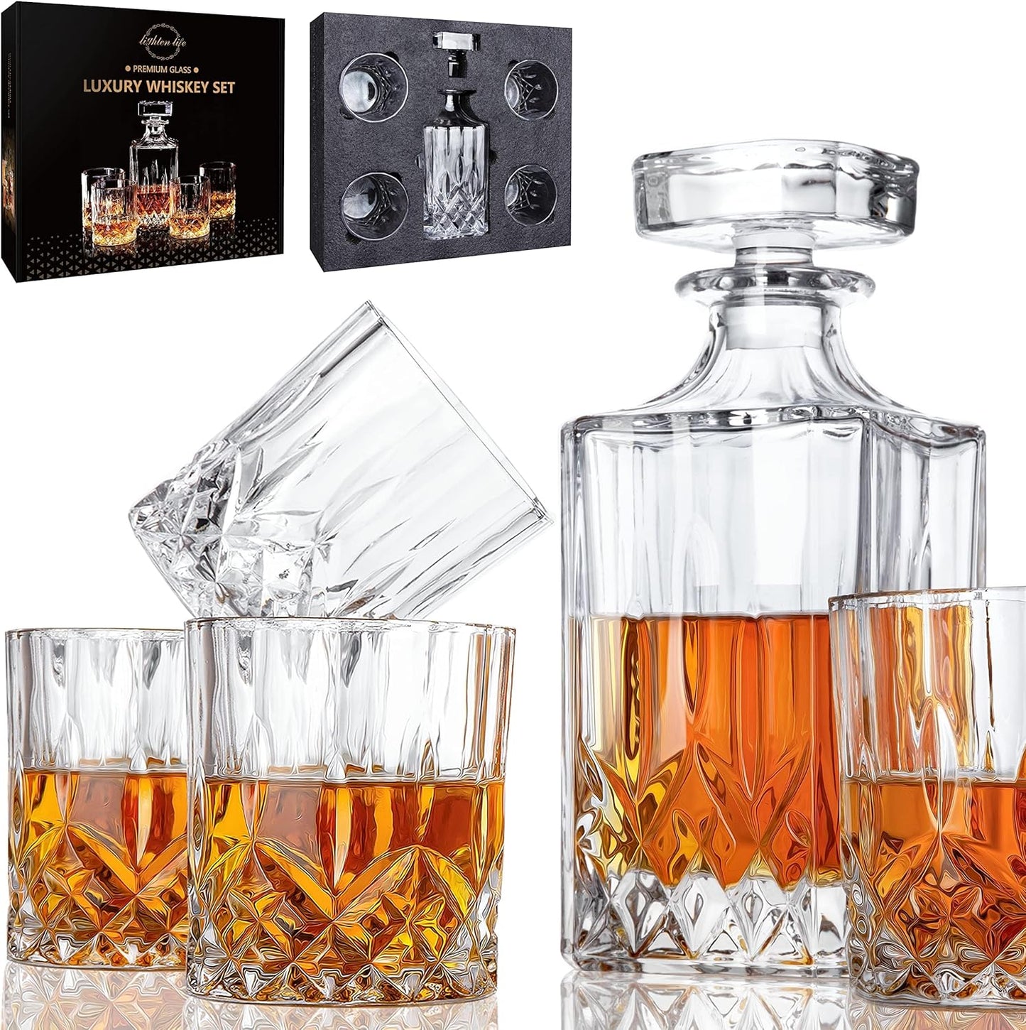 LIGHTEN LIFE Whiskey Decanter Set for Men - Whiskey Decanter with 4 Whiskey Glasses in Gift Box, Non-Lead Glass for Bourbon and Liquor - Perfect for Dad, Husband, Retirement, Whiskey Lovers