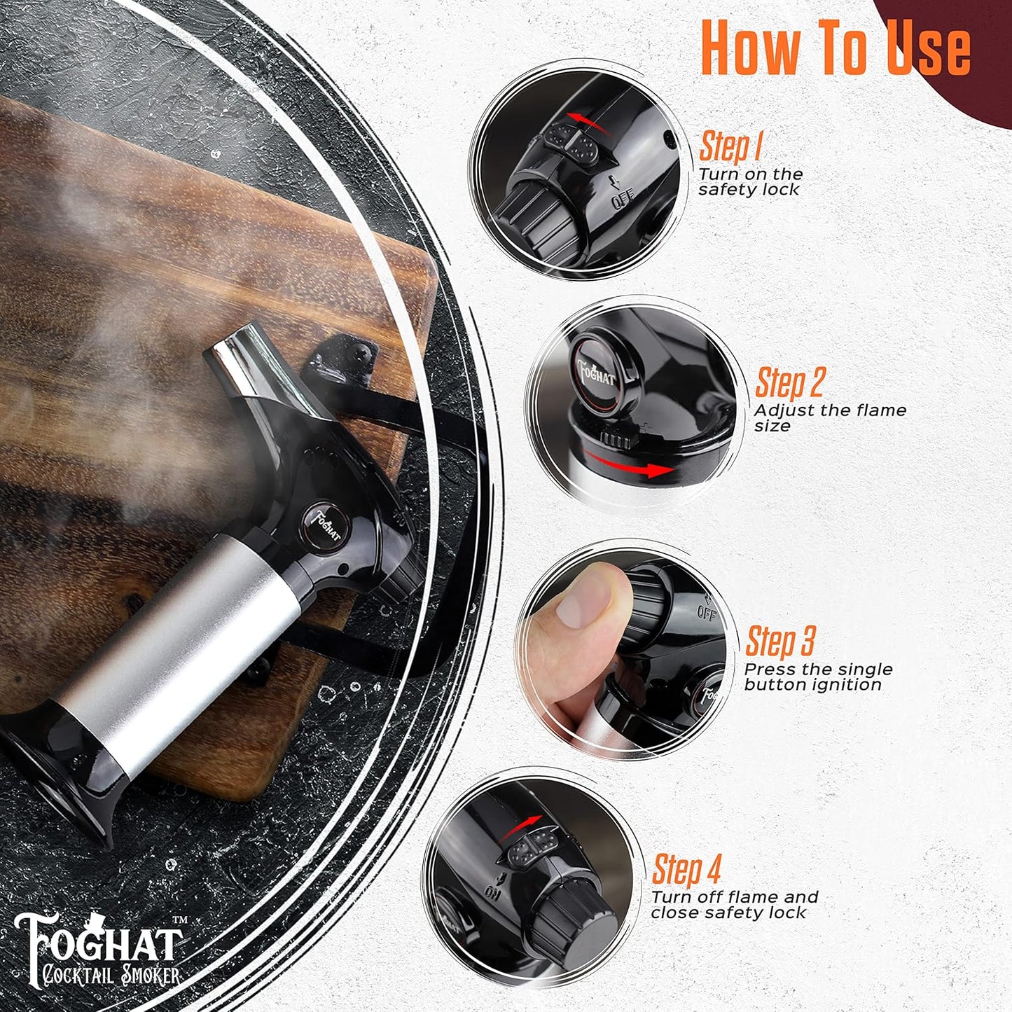 Foghat Cocktail Smoker Torch for Smoked Cocktails and Cooking - Handheld Refillable Culinary Butane Powered Kitchen Blow Torch Food Lighter Gun, Creme Brulee Torch (Butane not included)